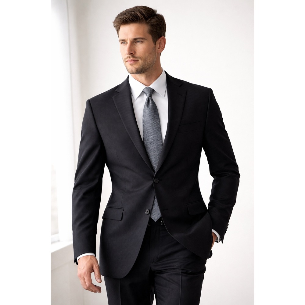 Joseph Abboud Mens Black Wool Suit 39L 34x31 Pinstripe 2pc w/ Garment Bag